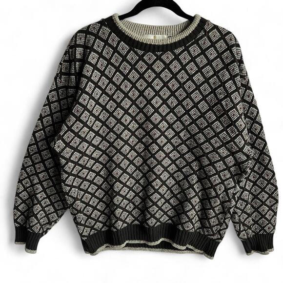 Bill Blass 100% Cotton Hand Framed Grey & Black Geometric Thick Vintage Sweater - Picture 1 of 7